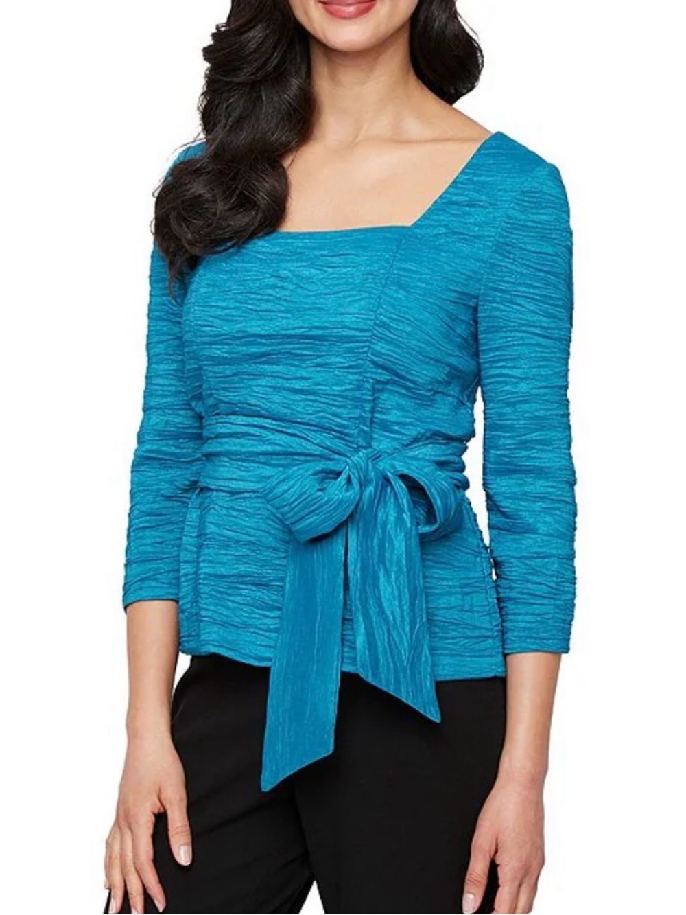 Alex Evenings Aqua 3/4 Sleeve Crinkle Stretch Taffeta Blouse NWT Sz SP